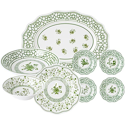 Green & White Dinnerware Set for 4 - Melamine Dinnerware Serving Dishes for Entertaining & Dining - Outdoor Plates & Bowl Sets for 4 - Spring Garden Dish & Dinner Plate Serving Set by Enchanted Home