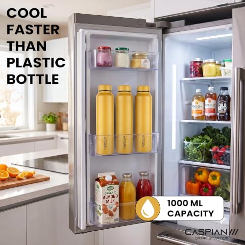 Image of CASPIAN / / / Astra Stainless Steel Water Bottle 1 litre (1000 ml) | Single Wall, Leakproof & BPA-Free | Reusable Metal Bottle for Fridge, Home, Office, Gym, School & Travel, Saffron, Pack of 1