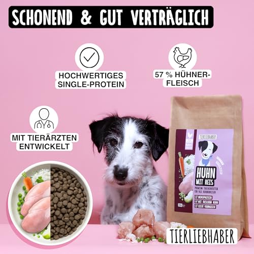 TIERLIEBHABER – Huhn mit Reis 250g Trockenfutter für Hunde – Tierärztlich entwickelt – Schonendes & Monoprotein Hundefutter für Hunde mit sensibler Verdauung – Hypoallergen & gut verträglich Dog Food