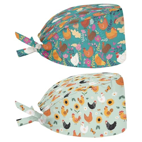 Renewold 2 Pcs Set Women Baseball Cycling Yoga Cap Scrub Hats wih Sweatband Turban Hat Adjustable Tie Back Caps Head Hair Cover Cute Floral Chickens Rooster Beanie Working Camping Cycling Headwear
