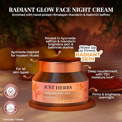 Image of Just Herbs Radiant Glow Night Cream | For Firm & Radiant Skin | 72H Moisture Lock | Non-sticky Moisturiser | Saffron, Vitamin C, Niacinamide, Squalane | Clinically Tested - 50ml