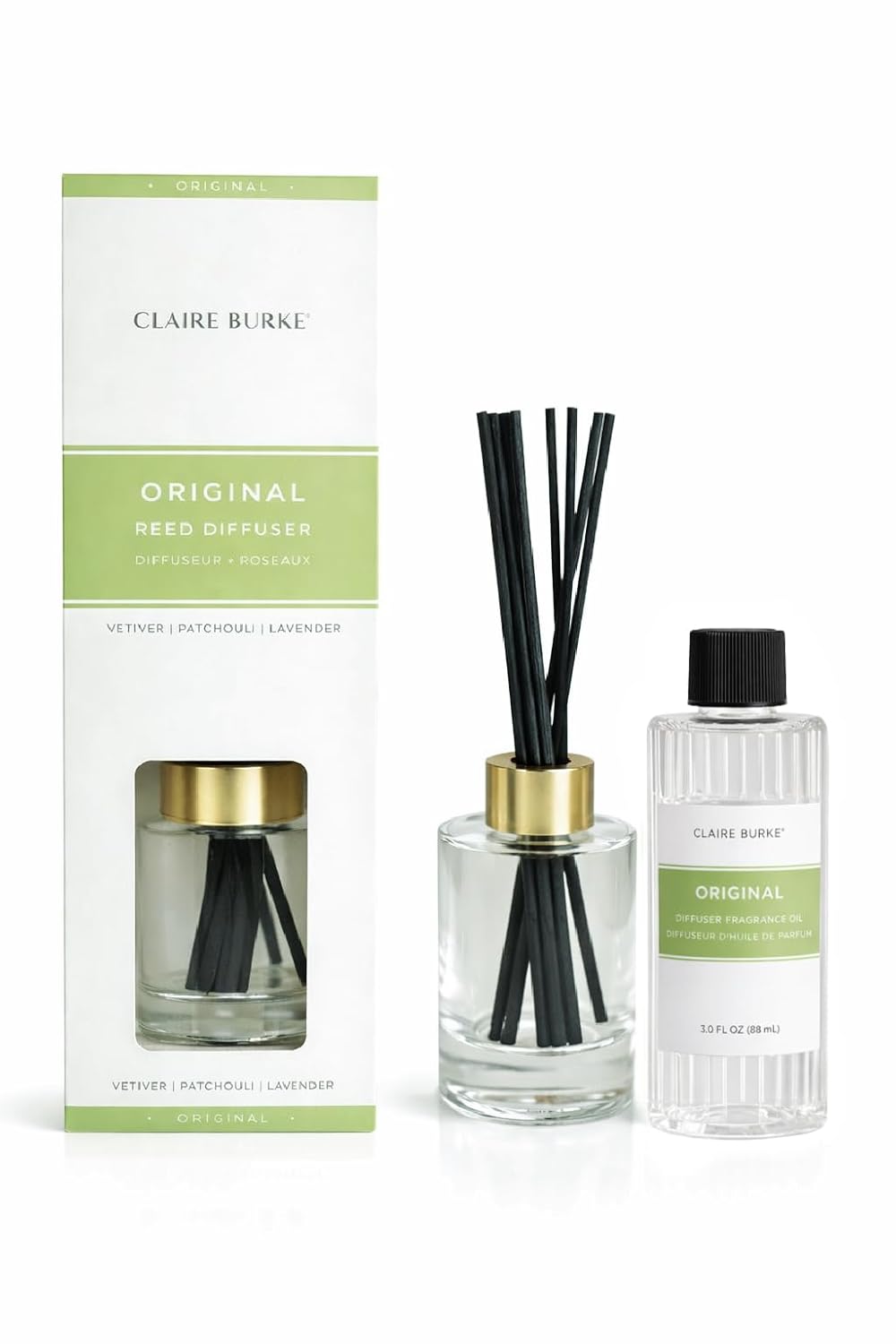 Claire Burke Original Reed Diffuser Oil Starter Kit with Amber Glass Vessel and Rattan Reeds for Home