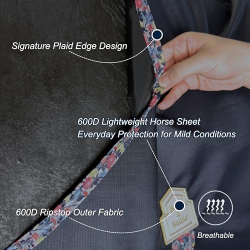 Image of BARN & STABLE 600D Ripstop Lightweight Horse Turnout Sheet No Fill,Water-Resistant & Breathable Horse Blanket for Spring and Mild Weather, with Anti-Rub Fleece Withers (Navy with Floral Trim, 69 in)