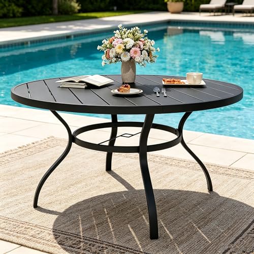 Image of SUNCROWN 53 Inch Round Outdoor Patio Dining Table, All Weather Black Metal Steel Slat Table with 1.5 inch Umbrella Hole, Weather Resistant Outside Furniture for Lawn Garden Backyard Porch