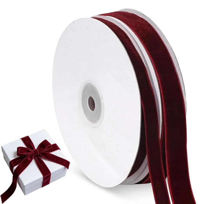 Vmoomax Doppelseitiges dunkelrotes Samtband 10 mm x 18 m Weihnachten Rots Band Ribbon Dekoband Weiches Luxuriöses Geschenkband für Geschenkverpackung Weihnachtsdeko