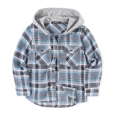 Spring&Gege Boys Flannel Hooded Shirts Long Sleeve Button Down Plaid Shirt, Blue, 13-14 Years Cover
