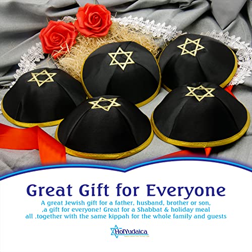 Image of Pack of 5-Pcs Hq 20cm Satin /Velvet Kippah with Silver /Gold String+Star of David for Men & Boys, Israel Kippot Bulk