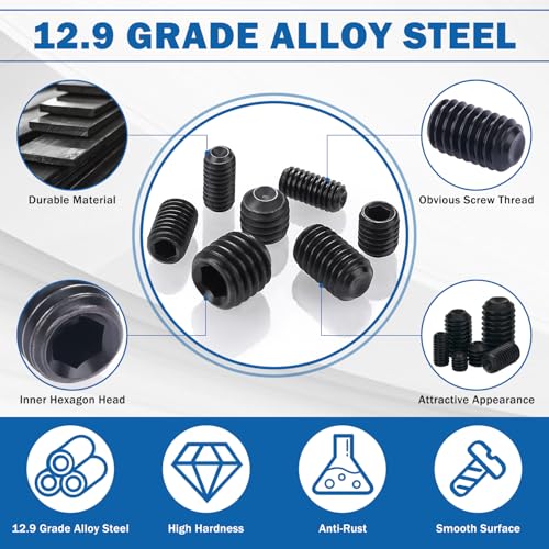 1130PCS Set Screws, 32 Sizes Metric & SAE Set Screw Assortment Kit, Allen Head Hex Socket Head Grub Screws for Bathroom Fixtures, Door Handles, Alloy Steel Black (M3-M8, 1/8"-40 to 5/16"-18)