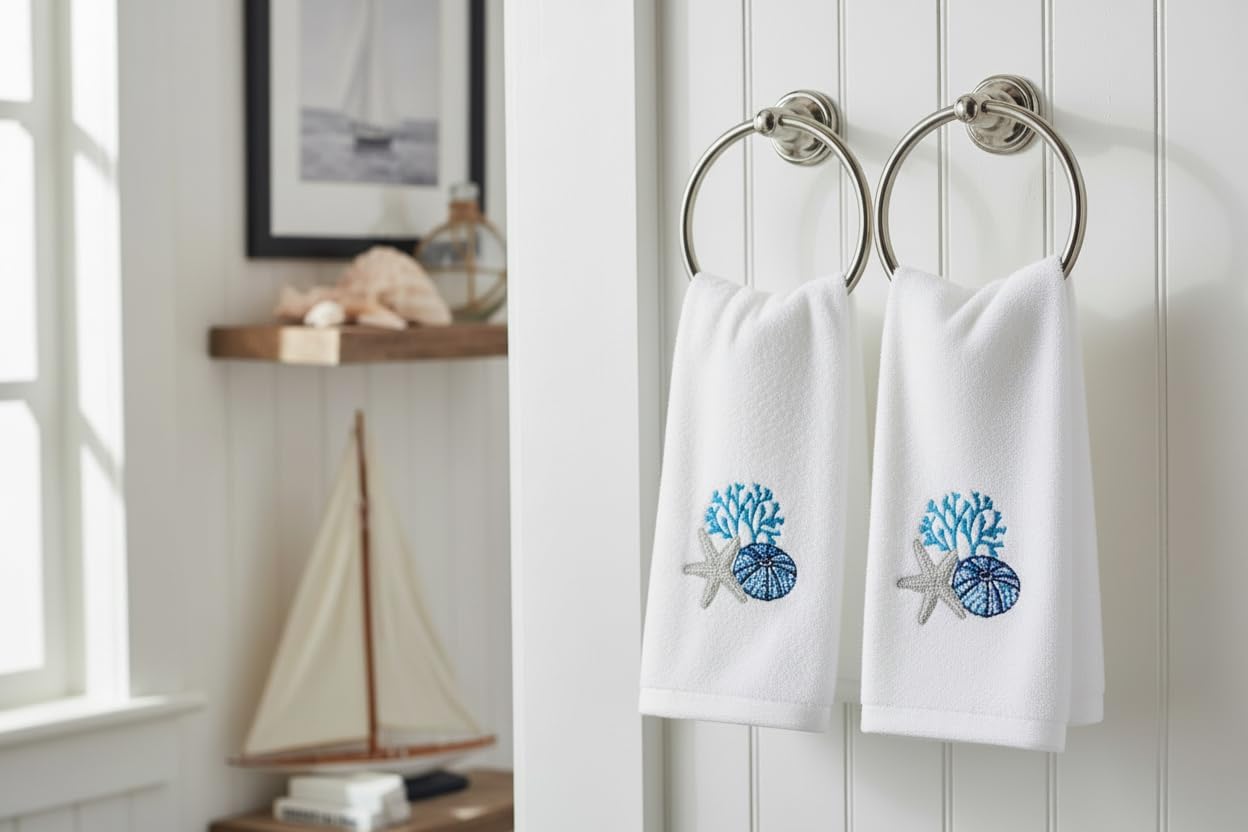 Serafina Home Summer Soft Absorbent Bathroom Coastal Guest Embroidered Fingertip Towels: Sealife Shell Starfish Coral Design, 2 Piece 12" x 18" Inches (Antigua Tip) - Image 2