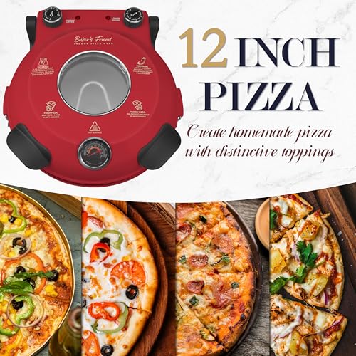 Image of Baker's Friend Electric Pizza Oven Indoor Countertop, 12 Inch Pizza Maker Machine for Home, Pizza Cooker & Pizza Grill, Premium Glazed Ceramic Stone Pizza Oven, Chilli Red