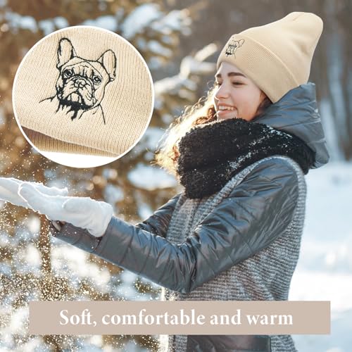 Geyoga Warme Weiche Wintermütze Winter Beanie Mütze Strickmütze mit Stickerei Kalte Mütze mit Hundestickerei Geschenk Strickmütze für Hundebesitzer(Beige,Französischer Hund)
