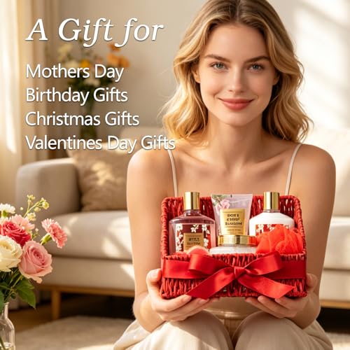 LILY ROY Basket for Mom, Bath and Body Gift Basket Set for Mom - 9 Pcs Rose Spa Gift Baskets for Women, Gift Set | , Birthday, Valentines Day, Gift Sets for Mom