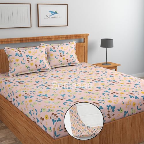 Image of 200 TC Cotton Feel All Around Elastic Fitted Bedsheet, Elastic Fitted Bedsheet King Size Bedsheet for Double Bed with 2 Pillow Covers, Size - 72 x 78 x 8 Inch Color Baby Pink