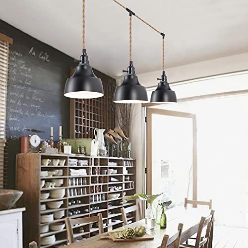 Image of 3 Light Plug in Pendant Light Cord 22FT Farmhouse Hanging Lamp | Industrial with Twisted Hemp Rope Independent Triple Switch Hanging Light Chandelier for Dining Room