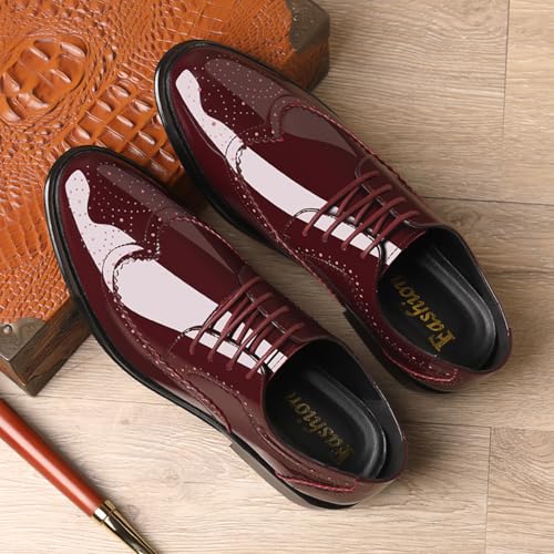 Image of Men's Patent Leather Wingtip Carving Brogue Dress Shoes Fashion Classic Cap Toe Lace Up Low Top Oxfords Shoes Casual Business Formal Derby Shoes