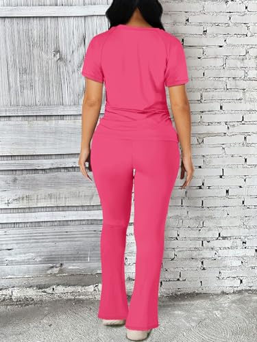 Image of STOLKISS Women 2 Piece Outfits Summer Workout Sweatsuit Striped Short Sleeve Long Flare Pants Casual Travel Tracksuit