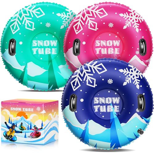 36 Inch 3-Pack Inflatable PVC Snow Tubes for Adults & Kids - Family Outdoor Winter Sledding Set with Thickened Hard Bottom & Handles for Safe Winter Snow Sports Fun