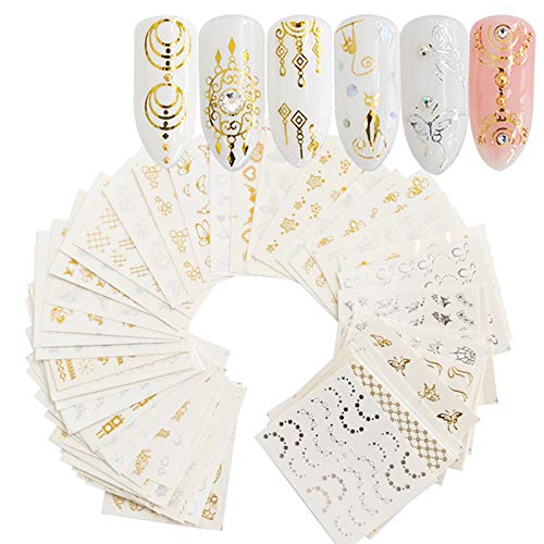 YESORNO Gold Silver Water Transfer Nail Art Stickers 30 PCS Mixed Pattern Metallic Nail Stickers Manicure DIY Nail Decals Nail Designs Decoration