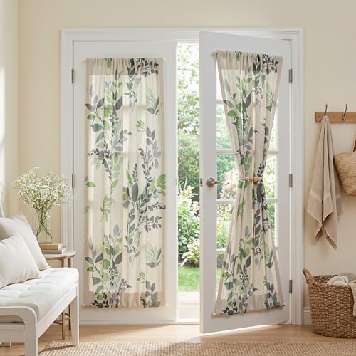 Image of MYSKY HOME Floral Linen French Door Curtains 72 inch Long 2 Panels for Front Door Light Filtering Privacy Semi Sheer Window Curtains with Rod Pocket, Green, 24 inch W Each Panel