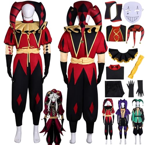 bbganlian Personaje del Juego Pierrot Disfraz de Cosplay Jester Juego de Rol Uniforme Conjunto Completo Halloween Fiesta Carnaval Traje de Vestir con Sombrero Máscara para Hombres (S)