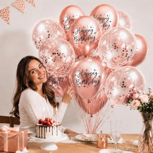 Image of Metal Happy Birthday Balloons Colorful Metallic Decorative Balloons Birthday Party Decor Room Decor House Decor For Wedding Birthday Anniversary Graduation Party Decorations Supplies (rose gold)