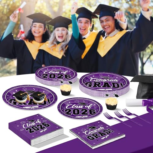 Image of Graduation Party Supplies Set for 50 Guests, Purple Graduation Plates and Napkins 2026, 200Pcs Disposable Grad Plates, Napkins, Dessert Plates and Forks for 2026 Wedding, Birthday, School Ceremony