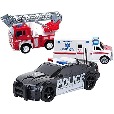 Dazmers Friction Powered City Hero Play Set Including Fire Engine Truck, Ambulance, Police Car for Kids, Boys and Girls - 3-Pack Emergency Vehicles with Light and Sound Cover
