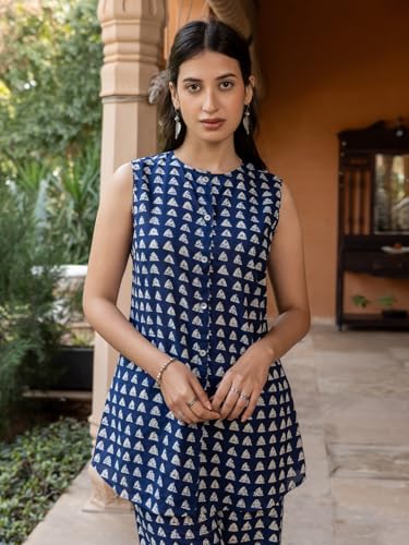 Image of FIORRA Women's Navy Blue Cotton Printed Co-ord Set