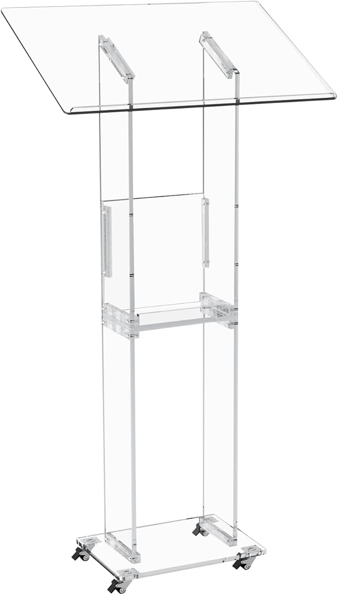 Trmullory Acrylic Podium Stand,47" Clear Podium with Wheels, Wide Reading Desk,Two-Storey Storage Space,pulpits for Churches、Concerts、Classrooms、 Weddings、