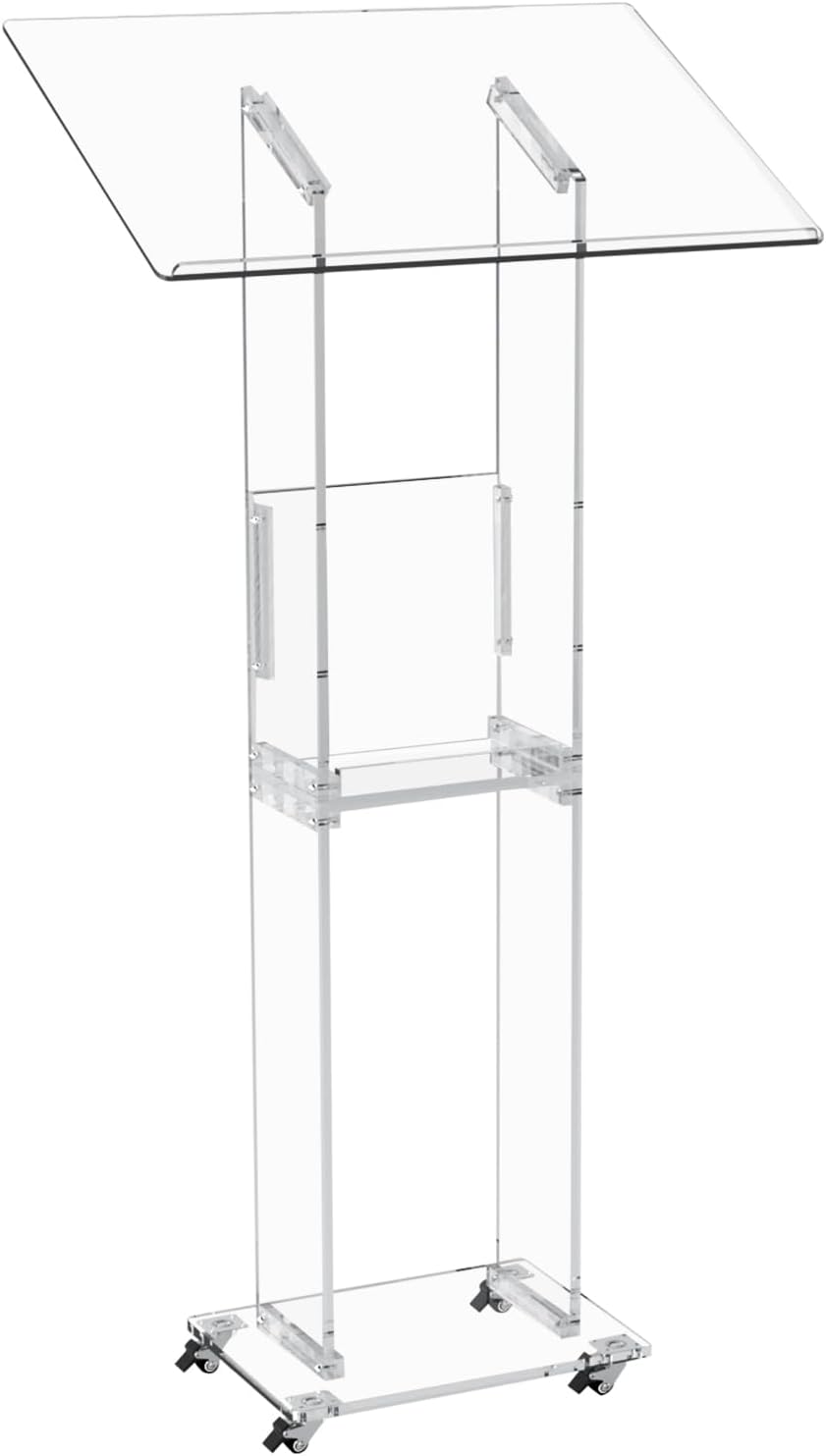 Trmullory Acrylic Podium Stand，47" Clear Podium with Wheels， Wide Reading Desk，Two-Storey Storage Space，pulpits for Churches、Concerts、Classrooms、 Weddings、