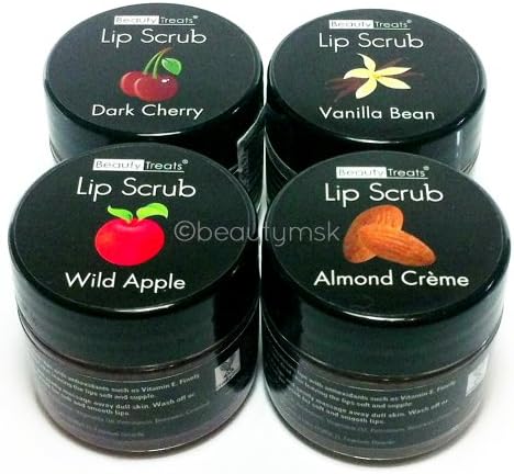 4pc Beauty Treats Lip Scrub with Almond Creme Wild Apple Vanilla Bean Dark Cherry All 4 Full Set