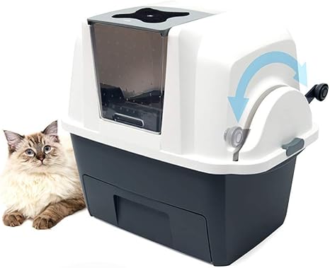 Amazon Co Jp 半自動猫トイレボックス 手回し猫トイレパン トイレ用スクープ付きフード付きコーナートイレボックス 66 48 63cm ペット用品
