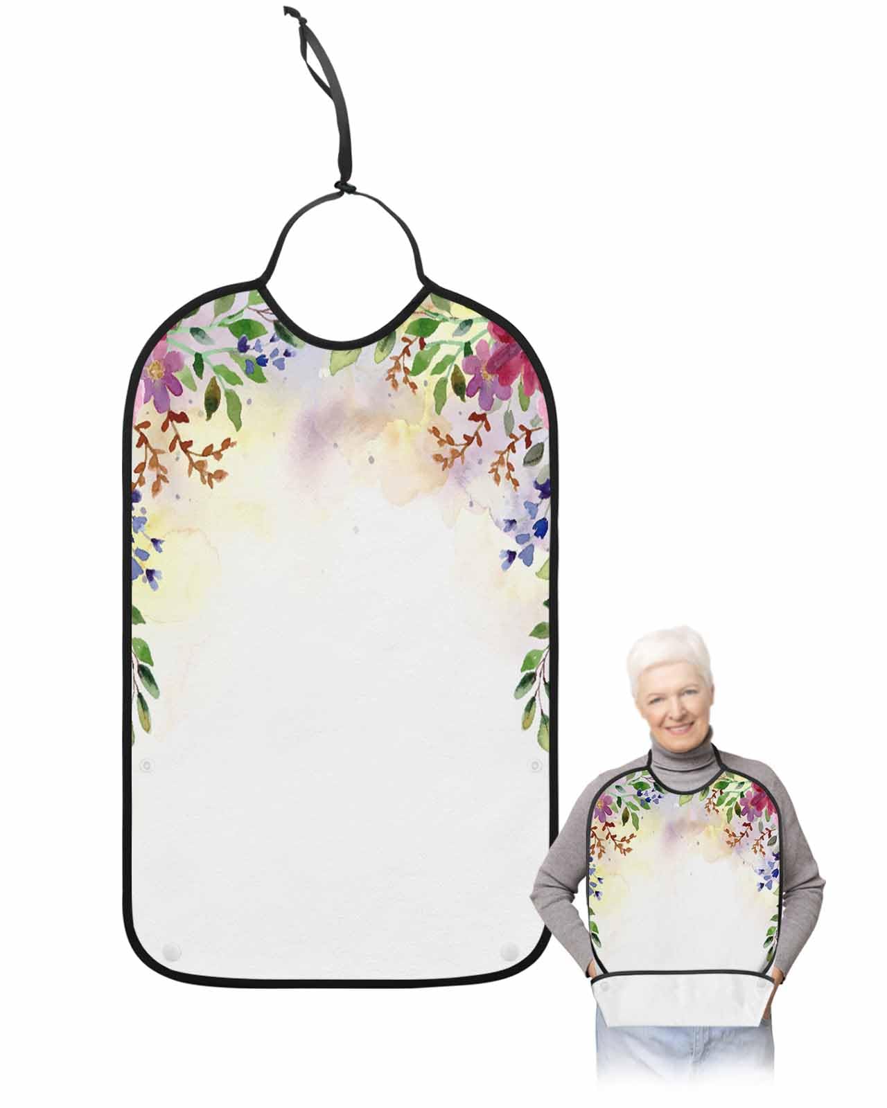 LEOKOTI Spring Floral Botanical Adult Bibs for Eating, Waterproof Bibs with Food Catcher & Snap Closure, Watercolor Summer Flowers Elegant Washable Clothing Protectors Adult Bibs for Elderly