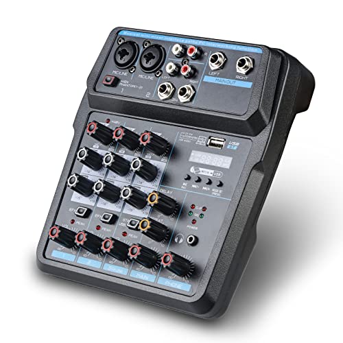 Klein Mischpult 4 Kanal Stereo Live Mischpulte, Audio Mixer Mini Musik Mixer, DJ Mischer Board Karaoke Mischpult Audio Interfac with Bluetooth MP3 48V Phantomspeisung FX Analoge Digitale Effekte