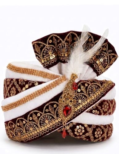 Image of BookMyCostume Dulha & Royal Wedding Turban Collection - Premium Silk, Velvet, Zari Work Safa with Kalgi & Brooch - Traditional Indian Dulha Pagdi /Sehra Perfect for Weddings & Role Plays for Men & Kids