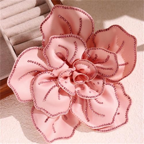 Image of Fabric Rhinestone Flower Big Brooch Lapel Pins for Women Elegant Crystal Floral Brooches Pin for Dresses Suit Accessories Jewelry Boutonniere Corsage Wedding Party 5.5in