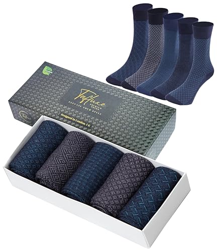 Tafluxe 5 pares de calcetines de bambú para hombre - Calcetines de vestir transpirables, duraderos, inodoros, antibacterianos, absorbentes de humedad, con caja de regalo (Azul-Gris-Negro)