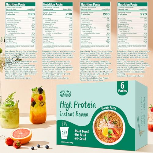 Image of VOLO VERO High Protein Instant Ramen Noodles Cups, 32g Protein, Variety | 6 Count, Chicken, Spicy Beef, Kimchi & Curry Flavors, Plant-Based, Vegan, Non-Fried, Low Fat, Non-GMO, Asian Meal