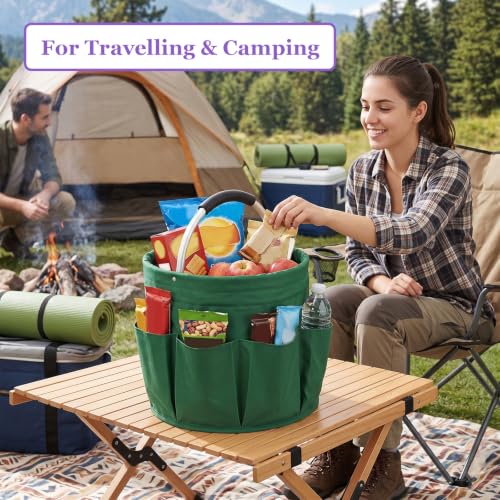 Image of 17L Cleaning Caddy with Handle, 600D Oxford Cleaning Supply Caddy with 6 Pockets, Foldable Tool Bucket Organizer for Housekeeping, Gardening, Car Detailing, Traveling, Camping, Green