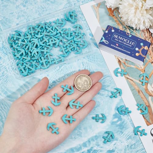 SUNNYCLUE 1 Box About 95Pcs Synthetic Turquoise Beads Bulk Ocean Stone Beads Strands Anchor Shape Deep Sky Blue Dyed Gemstone Carved Hollow Beads Strands for jewellery Making Beads DIY Bracelets Craft - Image 3