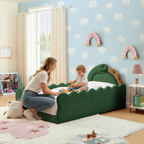 Image of Twin Size Kids Floor Bed Frame, Upholstered Montessori Platform Bed Cute Dinosaur-Shaped Daybed Frame for Girls Boys, No Box Spring Required, Green
