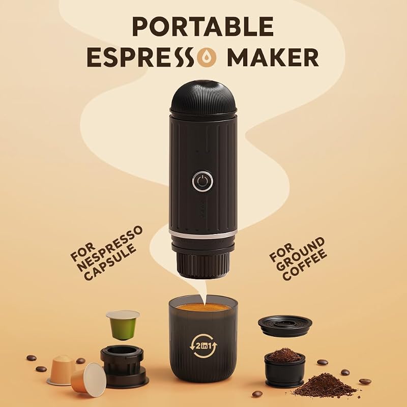 BENFUCHEN Hordozható Elektromos Eszpresszó Gép - USB-C Töltésű Kávéfőző Utazáshoz, Kempingezéshez, 19 Bar, Őrölt Kávéhoz és Nespresso Kapszu