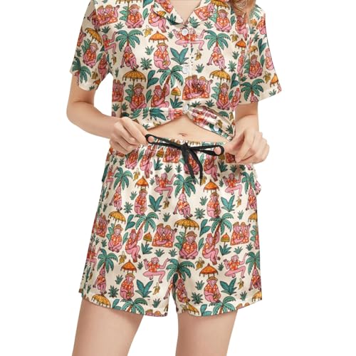 Image of Silk Satin Pajama Set for Women Summer Lounge Pjs Sets 2 Piece Suit Ladies Button Down Tops And Shorts Sleepwear