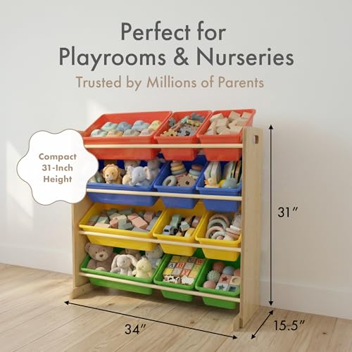 Humble Crew, Natural/Primary Kids' Toy Storage Organizer with 12 Plastic Bins, 34*35*15.5inch