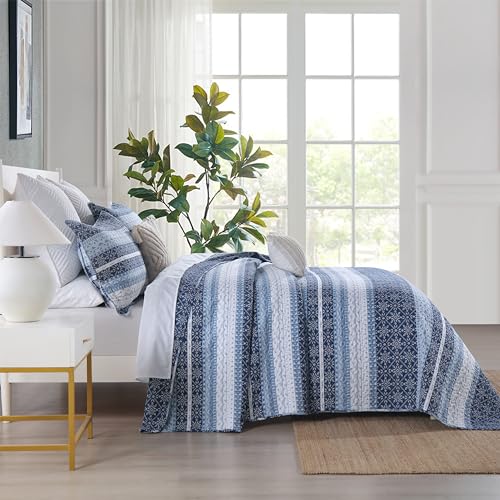 Image of Homzard Quilt King Size,Blue White Snowflake Striped Quilt Bedding Set, Cotton Boho Gemetic Comforter Set, Lightweight Comforter King Size (106 * 98 Inches) with 2 Pillow Shams