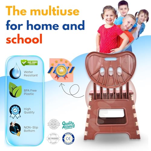 Image of A to Z Hub Folding Plastic Chair with Backrest for Kids & Adults | Portable, Lightweight, Durable Step Stool Seat | Space Saving, Easy to Carry, Indoor Outdoor Multipurpose Chair Brown (Brown)