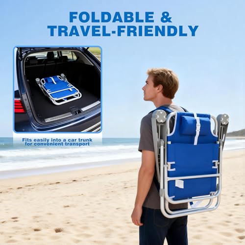 Image of SUNNYFEEL Extra Wide 28 inch Low Beach Chair 2 Pack 5 Position Lay Flat, XL Oversized Portable Folding Camping Chairs with Cup Holder for Outdoor /Trip, Foldable Backpack Beach Chair for Adults