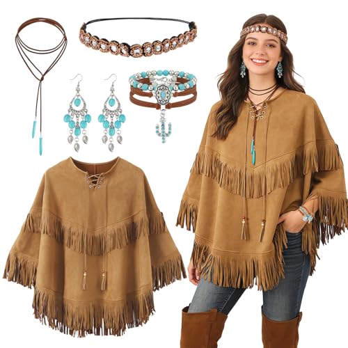 Beamely Western Kostüm Set Damen 6-teilig Fransen-Poncho Türkis-Schmuck Haarreif Halskette Ohrringe Armband für Karneval Fasching Mottoparty Boho