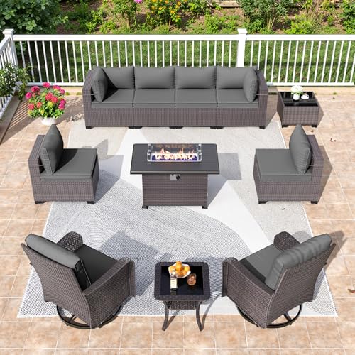 Image of 11 Pieces Outdoor Patio Furniture Set,Outdoor Sectional Furniture with 43 inch 55000 BTU Gas Propane Fire Pit Table,PE Rattan Wicker Patio Conversation Set,Swivel Rocking Chairs Set,Grey