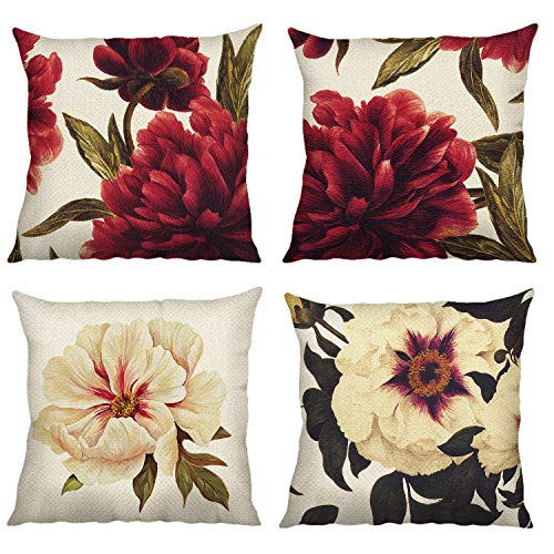 Bonhause Juego de 4 Funda de Cojín 45x45cm Flores de Peonía Roja y Beige Algodón Lino Fundas de Almohada para Cojines Decorativos para Sofá Cama Coche Hogar